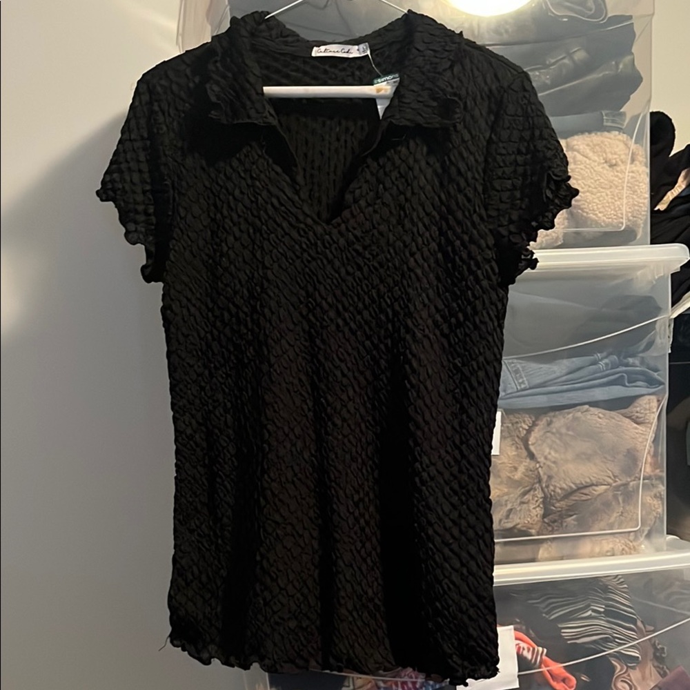 Black Smocked Flutter Sleeve Polo Top